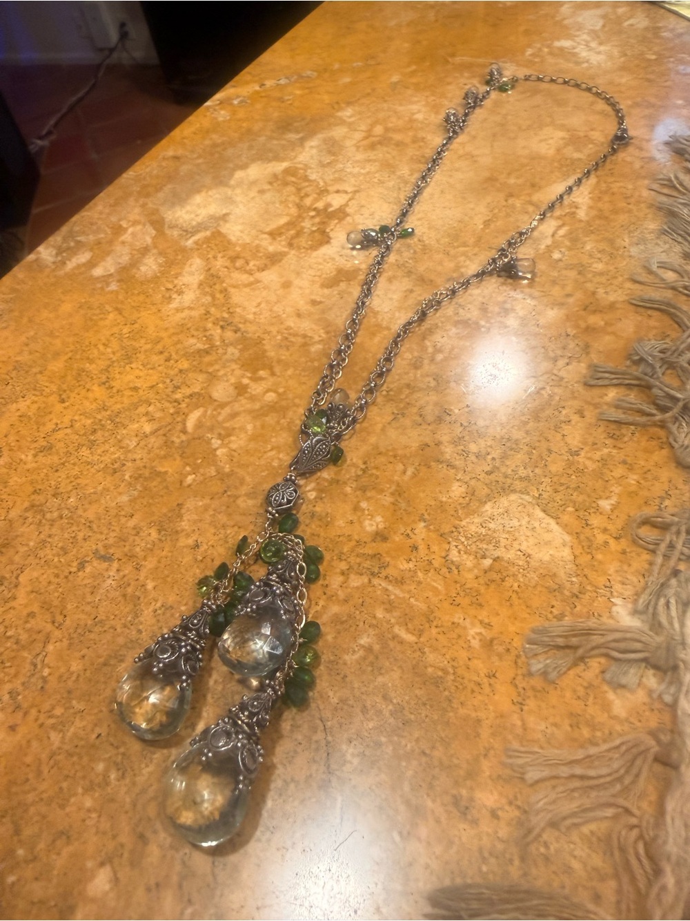 Silver-Tone Green Accent Triple Teardrop Pendant Necklace